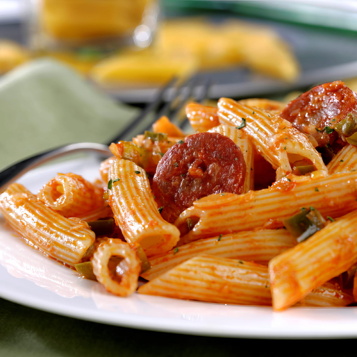 Penne al dente con salsa puttanesca, chorizo y aceitunas, comida para llevar desde Las delicias del monasterio en Madrid.